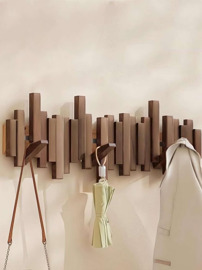 Natural Wood Wall Mounted Coat Rack, 8 Flip-Down Hooks, Multi Rack Handmade Natural Artwork, Magnetic No-Drill Coat Hooks for Coats Bag Hat Umbrella, High Bearing, 2 Installation Methods