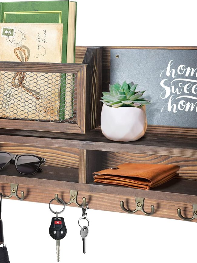 Key Holder for Wall, Mail Organizer Wall Mount with Key Hooks and Wallet Holder, Sunglasses Storage and Dog Leash Hanger, Decorative with 4 Double Hooks and Chalkboard